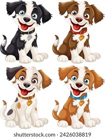 Four cute animated puppies with playful expressions.