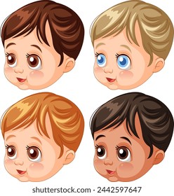 Cuatro caras animadas lindas del niño pequeño con diversos colores del pelo