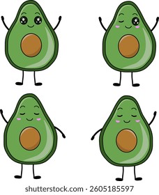 Four cute avocado characters with different expressions (happy, sleeping, smiling) on a light background. Cartoon avocados with arms, legs, and seed. Fun and playful food illustration