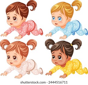 Four cute babies crawling in colorful outfits