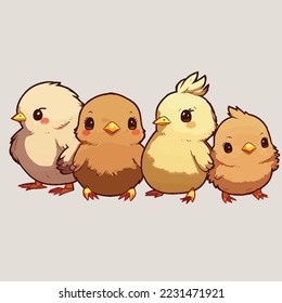 Four Cute Baby Chicks Standing Next to Each Other Print T-shirt Illustration 