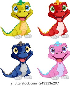 Four cute baby dinosaurs smiling cheerfully.