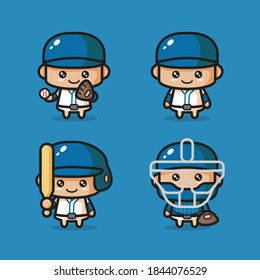 Four Cute Baseball Team Characters  In Different Styles And Position.