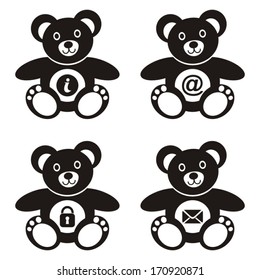 Four cute black teddy bears with web icons