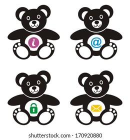 Four cute black teddy bears with colorful web icons