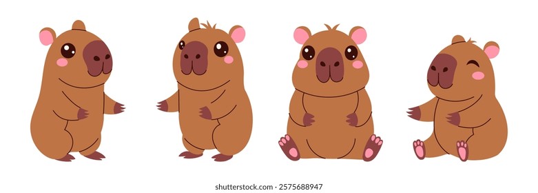 Four cute brown capybaras with big eyes and smiling faces. They are all sitting or standing in different positions