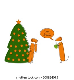 Four cute brown contoured foxy colored dachshunds. One with camera, another with small puppy in paws and big puppy near, decorated Christmas tree, speech bubble with lettering Say cheese over them