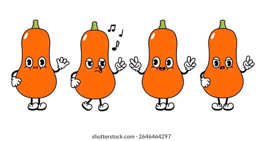 Quatro bonitos personagens de abóbora borboleta exibem várias emoções e gestos em um estilo de desenho animado.