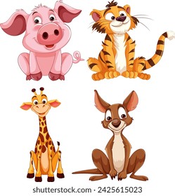 Four cute cartoon animals smiling happily.