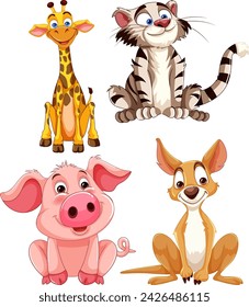 Four cute cartoon animals smiling happily together.