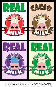 Four cute cartoon badges foe milk product design. Cartoon cow emblem set. Vector