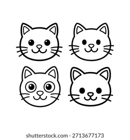 Cuatro caras lindas del gato de la historieta en el arte blanco y negro de la línea, mostrando diversas expresiones y estilos.