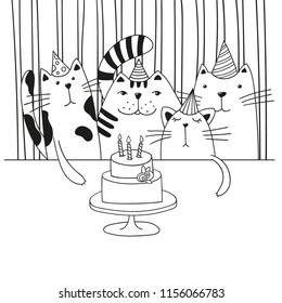Four cute cartoon cats in the birthday party. Black and white vector illustration.