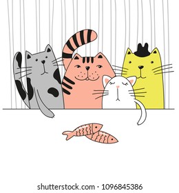 Four cute cartoon cats at the table. Vector illustration.