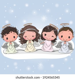 Four Cute Cartoon Christmas angels on a blue background