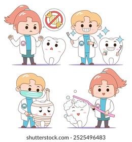 Four cute cartoon dentist characters with dental equipment, in various poses, isolated on white background.