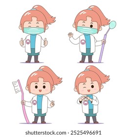 Quatro bonitos personagens de desenhos animados dentistas com equipamentos dentários, em várias poses, isolados sobre fundo branco.