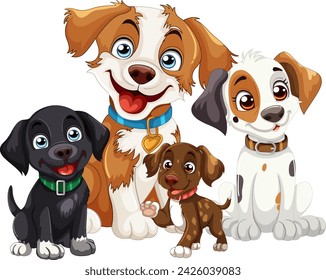 Four cute cartoon dogs posing together happily.