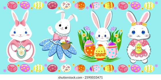 Four cute cartoon easter bunnies set suitable for happy easter greeting card design Vector