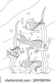Four cute cartoon fish in the ocean. For coloring book. Vector illustration. Eps 10.