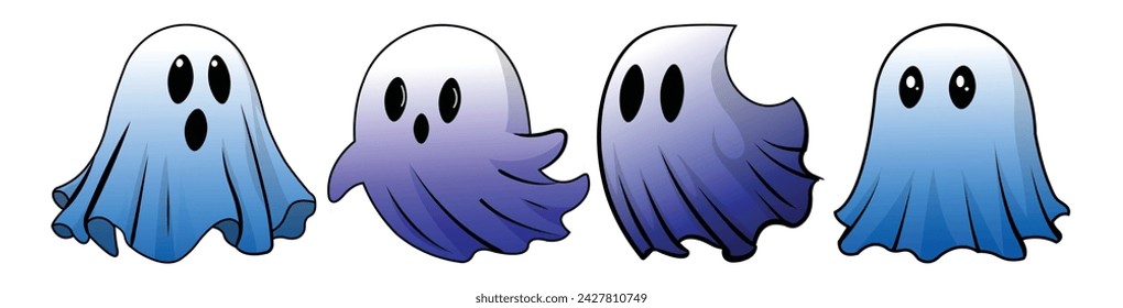 Four Cute Cartoon Ghosts Vector Illustration Set