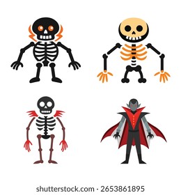 Four cute cartoon halloween characters including skeletons and a vampire