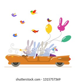 Four cute cartoon happy funny hares drive around in the open car with balloons