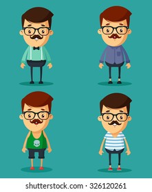 Four Cute Cartoon Hipsters - Vector Set
