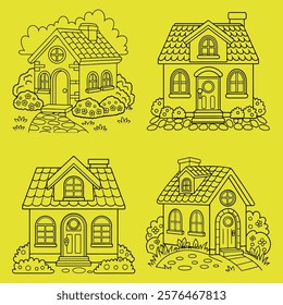 Four Cute Cartoon House Designs for Coloring Books