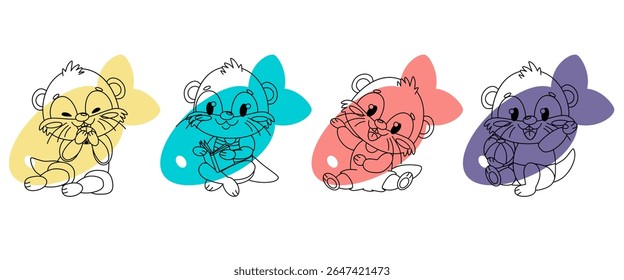 Four cute cartoon otters in different playful poses on the background of four colorful fish, each in different colors: yellow, blue, red and purple. Each otter has a different facial expression and is