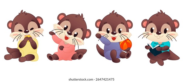 Four cute cartoon otters in different poses. Each otter has a unique color outfit and is engaged in playful activities with various objects.