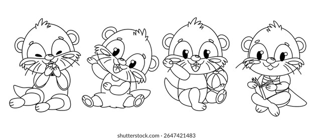 Four cute cartoon otters in various playful poses. Each otter has a distinct expression and is engaged in different activities, showcasing their playful nature.
