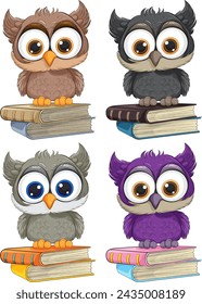 Four cute cartoon owls perched on stacked books