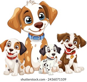 Four cute cartoon puppies with happy expressions