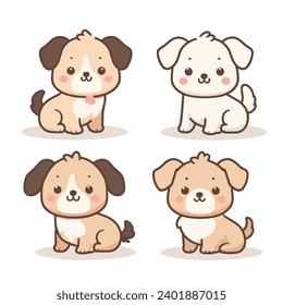 Four cute cartoon puppies in various poses. Happy and adorable dogs with brown spots vector illustration.