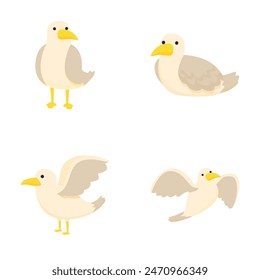 Four cute cartoon seagulls standing, sitting, and flying, isolated on a white background