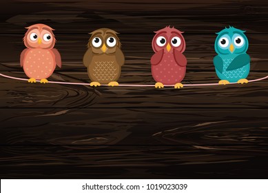 Four cute colored owlet sitting on a rope. A red hearts with a picture hanging on a rope.  Valentine's Day. Vector illustration on wooden background. Greeting card with empty space for the label or ad