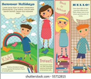 Four Cute Colorful Banners With Kids Playing Outside Or Getting Ready For School.