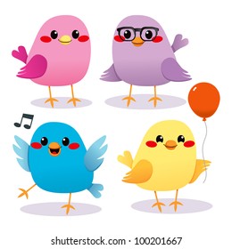 Four cute and colorful beautiful little birds having a party