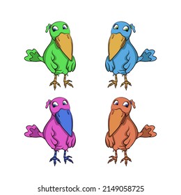 Four cute colorful birds: blue, green, pink and red. Unique vector character.