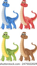 Four cute, colorful cartoon dinosaurs standing