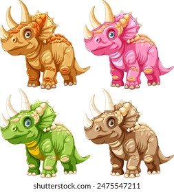 Four cute, colorful cartoon dinosaurs standing together