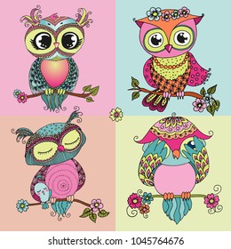 Four cute colorful cartoon owls sitting on tree branch with flowers. Illustration on white background. Can be used for sticker, birthday cards, invitations, print, textile