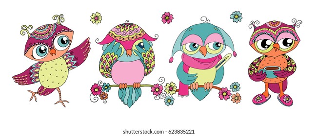 Four cute colorful cartoon owls -is sick, is dancing, with cup, surprise. Horizontal illustration size on white background. Can be used for sticker, birthday cards, invitations, print, textile