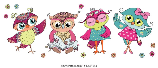 Four cute colorful cartoon owls - is reading the book, is dancing, two girls in dress. Horizontal illustration size. Can be used for sticker, birthday cards, invitations, print, textile