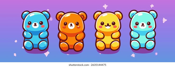 Four cute, colorful gummy bear characters in kawaii cartoon style on a violet background. The up-to-date, popular style is kawaii, featuring bold outlines and glossy, vibrant colors.