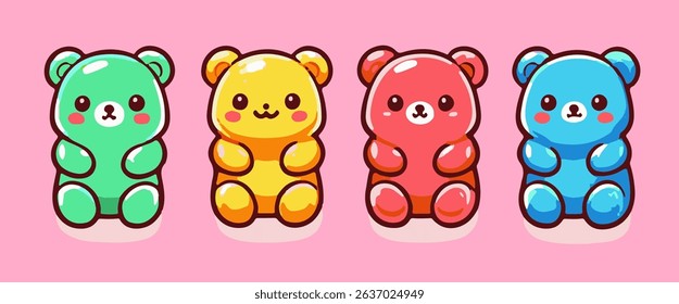 Four cute, colorful gummy bear characters in kawaii cartoon style on a pink background. The up-to-date, popular style is kawaii, featuring bold outlines and glossy, vibrant colors.