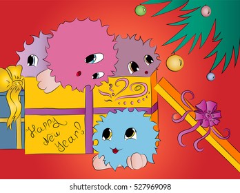 four cute colorful monsters in gift box under christmas tree red background