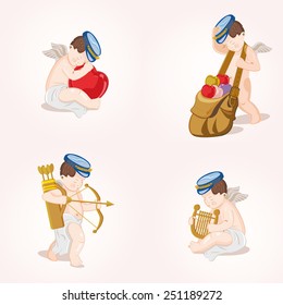 four cute cupids with hat: one hugging the heart, one drags a bag with multi-colored hearts, one shoots a bow, one playing the harp