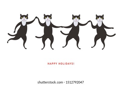 Four cute dancing black cats illustration 